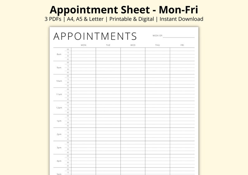 Appointment Sheet 15 Minute Planner Appointment Tracker 5 - Etsy
