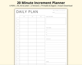 20 Minute Planner, 20 Minute Increments, Daily Schedule Template, Time Blocking PDF, Time Management, Printable/Digital, A4/A5/Letter