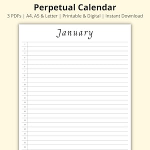 Calendario perpetuo, Seguimiento de fechas importantes, Planificador mensual, Plantilla de calendario de 12 meses, Mes de un vistazo, Imprimible/Digital, A4/A5/Carta