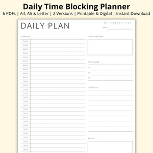 May include: A black and white daily planner with the title "Daily Plan" and sections for scheduling, goal setting, top tasks, to do list, and notes.