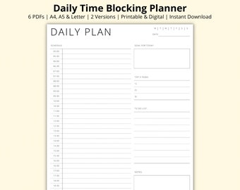 Daily Time Blocking Planner Template, 30 Minute Schedule, Daily Agenda PDF, Simple Productivity Planner, Printable/Digital, A4/A5/Letter