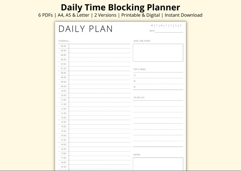 Daily Time Blocking Planner Template, 30 Minute Schedule, Daily Agenda PDF, Simple Productivity Planner, Printable/Digital, A4/A5/Letter image 1