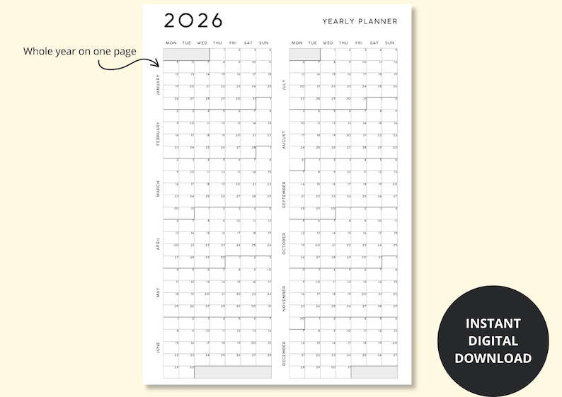 2026 Yearly Planner, Year at a Glance, Annual Planner, 12 Month