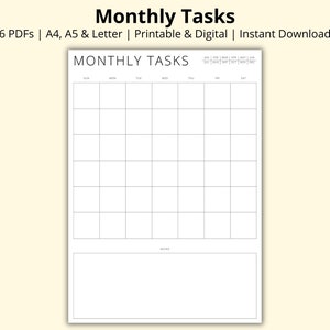 Tareas mensuales imprimibles, plantilla de planificador mensual, páginas de calendario en blanco, agenda mensual, resumen del mes, página de calendario, A4/A5/carta