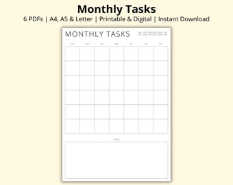 Monthly Tasks Printable, Monthly Planner Template, Blank Calendar Pages, Monthly Agenda, Month at a Glance, Calendar Page, A4/A5/Letter
