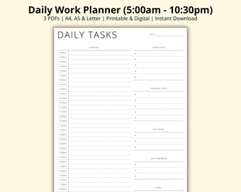 Puede incluir: Un planificador de trabajo diario imprimible con un horario de 5:00 a 22:30. El planificador incluye secciones para tareas diarias, tareas personales y notas. El texto "DAILY TASKS" está en la parte superior.