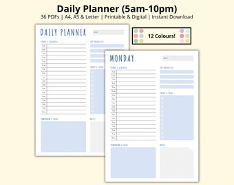 Daily Planner, Hourly Schedule, 7 Day Planner Template, Daily Task PDF, Time Blocking, Productivity Planner, Printable/Digital, A4/A5/Letter