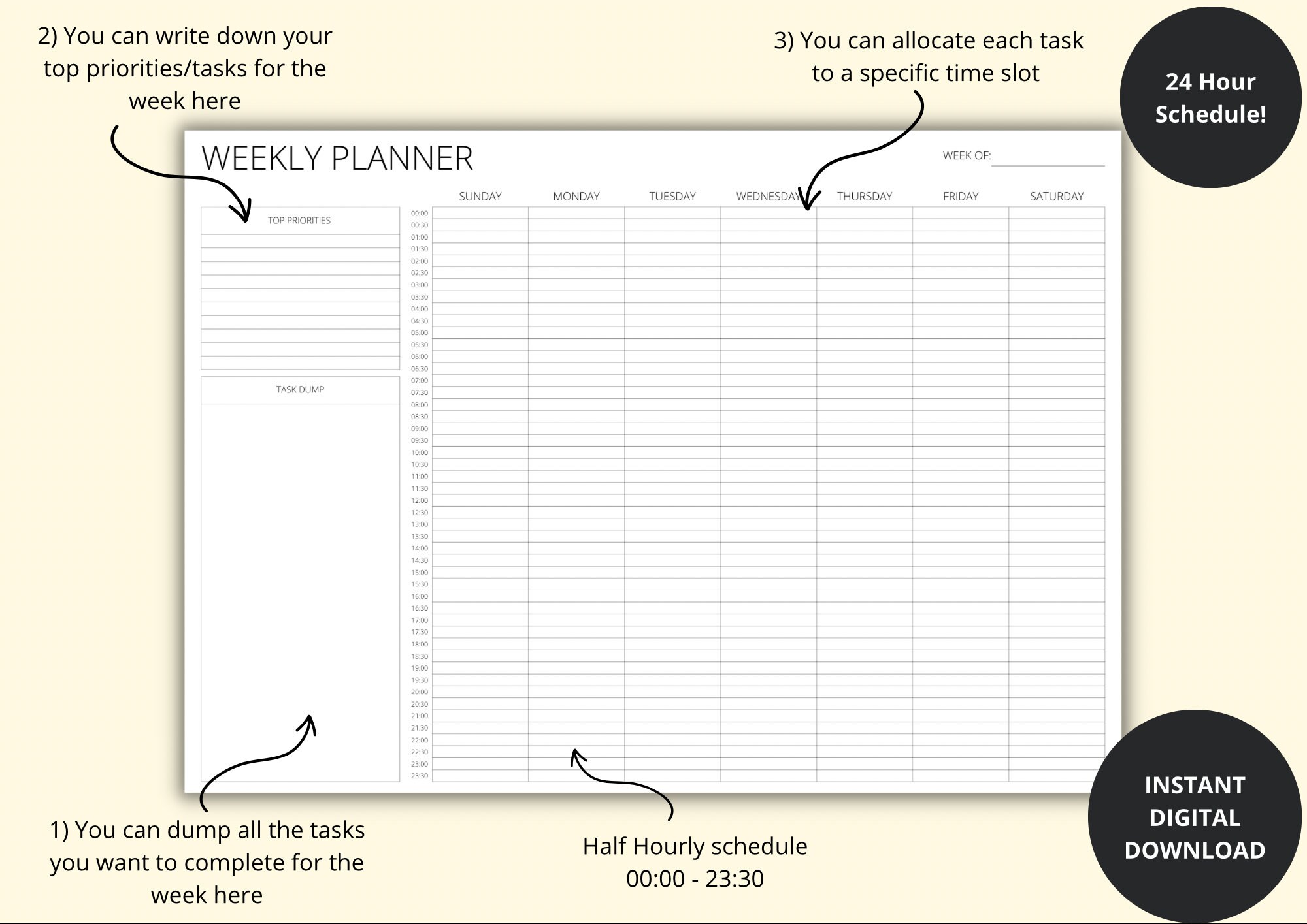 Weekly Timebox Planner, Weekly Time Blocking Template, Week at a Glance ...