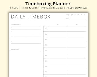 Timeboxing Planner, Daily Timebox Template, Time Blocking PDF, Brain Dump, Half Hour Planner, Daily Schedule, Printable/Digital,A4/A5/Letter
