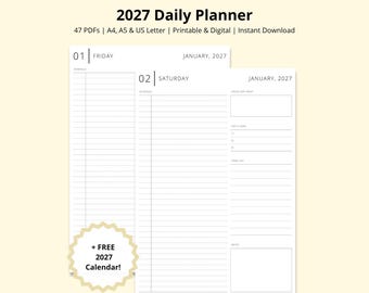 2027 Daily Planner, 2027 Calendar Printable, Blank Schedule, Dated Yearly Planner, Productivity Planner, Digital 2027 Diary, A4/A5/Letter