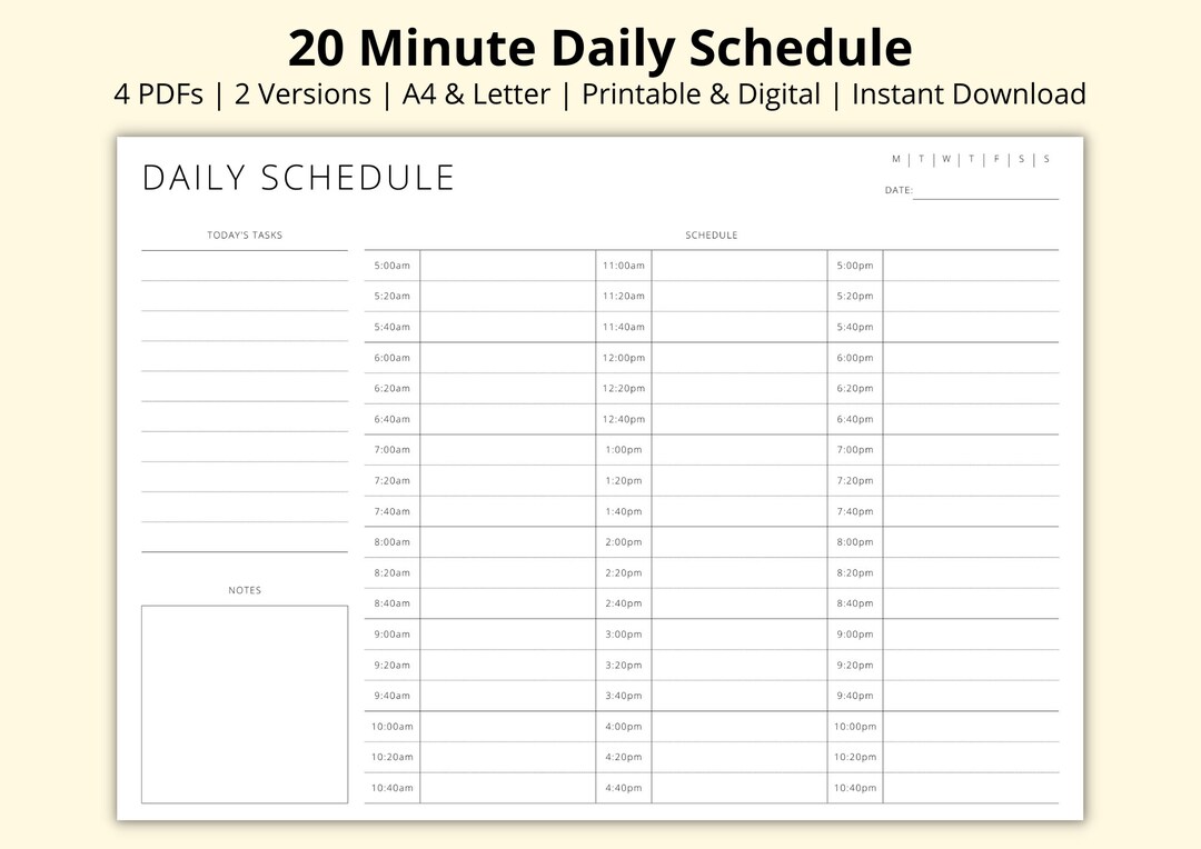 20 Minute Daily Schedule Timetable Sheet Day Planner Etsy 20 Minute Daily Schedule Timetable Sheet Day Planner Etsy