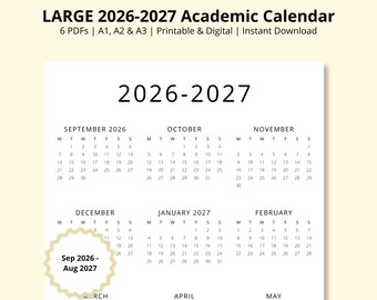 LARGE 2026-2027 Academic Calendar, School Calendar PDF, 2026-2027 Year at a Glance, Academic Planner, Sep 26-Aug 27 Wall Calendar, A1/A2/A3