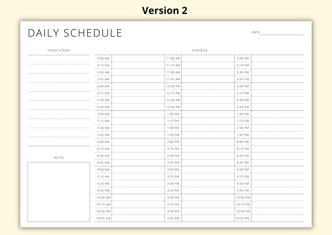 15 Minute Daily Schedule, Printable Timetable Sheet, Day Planner ...