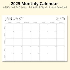 Calendario mensual 2025 con números de semana, planificador 2025, resumen del mes, resumen mensual, calendario imprimible, planificador anual, tamaño A3/A4/carta