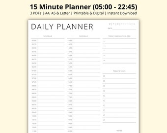 15 Minute Planner, Daily Time Blocking PDF, 15 Minute Interval, Day Schedule Template, Productivity Planner, Printable/Digital, A4/A5/Letter