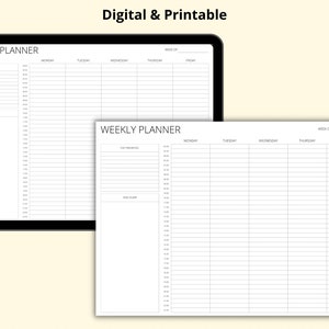 May include: Two printable weekly planner templates. The first template is on a tablet screen and the second is a larger sheet of paper. Both templates have sections for "Top Priorities", "Daily Tasks", and each day of the week.