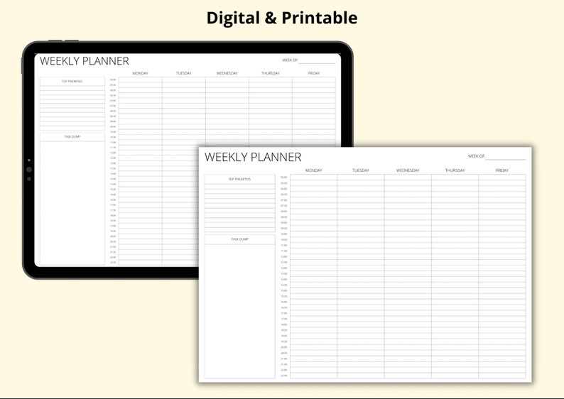 May include: Two printable weekly planner templates. The first template is on a tablet screen and the second is a larger sheet of paper. Both templates have sections for "Top Priorities", "Daily Tasks", and each day of the week.