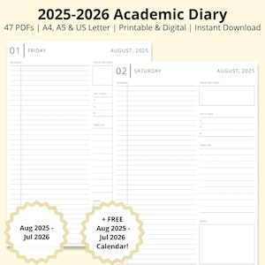 2025-2026 Academic Diary, 2025-2026 Daily Planner, Calendar Printable, Blank Schedule PDF, Dated Yearly Planner, Digital Diary, A4/A5/Letter