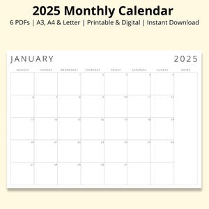 Calendario mensual imprimible 2025, resumen mensual, planner anual 2025, calendario de escritorio simple, planner de pared, tamaño A3/A4/carta
