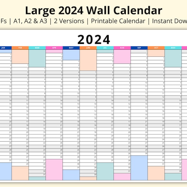 Large 2024 Wall Calendar, Yearly Overview, Year at a Glance Planner, Annual Overview, Landscape/Horizontal, Office/Work, Printable, A1/A2/A3