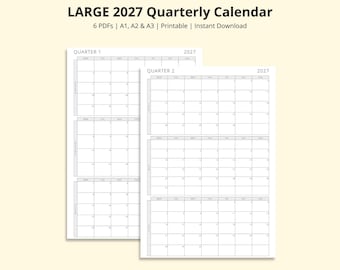 LARGE 2027 Quarterly Calendar, 3 Months Per Page, 2027 Monthly Calendar, Monthly Overview, Yearly Wall Planner, Printable PDF, A1/A2/A3