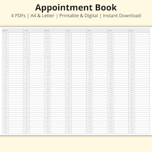 Può includere: Un'agenda stampabile con un layout a griglia bianca, che mostra fasce orarie dalle 8:00 alle 20:00 su sette giorni. Il titolo "Appointment Book" è in alto, con testo che indica che include 4 PDF ed è disponibile per il download immediato.