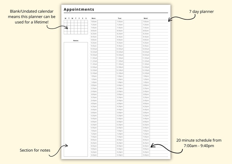 Appointment Book Printable, 20 Minute Interval Planner, Digital Appointment Sheet, Salon Appointment Diary, Weekly Schedule, A4/A5/Letter image 3