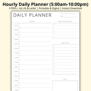 May include: A black and white printable daily planner with a simple design. The planner includes sections for scheduling, gratitude, tasks, and notes. The time slots are from 5:00 am to 10:00 pm.