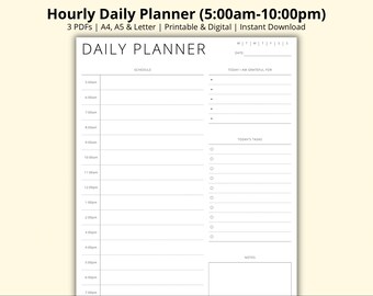 Hourly Daily Planner, Time Blocking Template, 60 Minute Schedule, Daily Overview, Day Agenda, Printable/Digital PDF, 5am-10pm, A4/A5/Letter