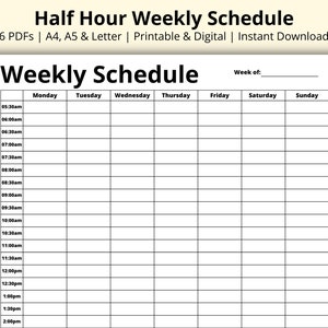 May include: A black and white printable weekly schedule planner with half-hour time slots from 5:30 AM to 2:00 PM. The planner includes columns for Monday through Sunday and a space to write the week of.
