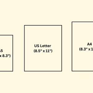 May include: Three paper sizes are shown: A5 (14.8 cm x 21 cm), US Letter (21.6 cm x 27.9 cm), and A4 (21 cm x 29.7 cm). Each size is labeled with its dimensions in centimeters, against a light yellow background.
