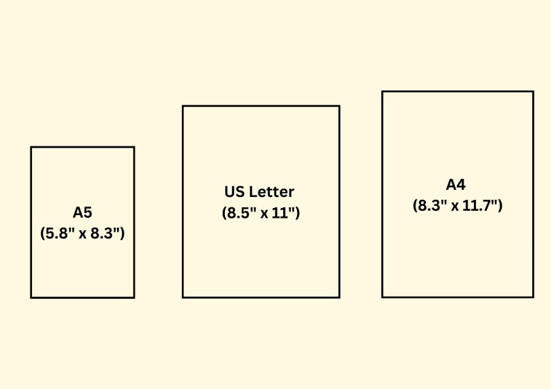 May include: Three paper sizes are shown: A5 (14.8 cm x 21 cm), US Letter (21.6 cm x 27.9 cm), and A4 (21 cm x 29.7 cm). Each size is labeled with its dimensions in centimeters, against a light yellow background.