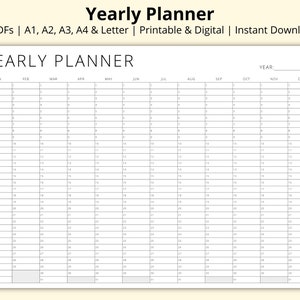 Yearly Planner, Year at a Glance, Blank Perpetual Calendar, 12 Month Overview, Important Dates Sheet, Printable/Digital, A1/A2/A3/A4/Letter