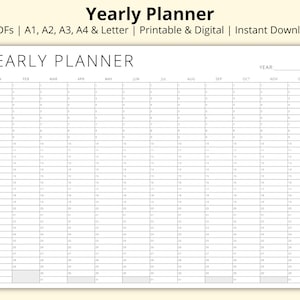 Planificador anual, Resumen del año, Calendario perpetuo en blanco, Resumen de 12 meses, Hoja de fechas importantes, Imprimible/Digital, A1/A2/A3/A4/Carta