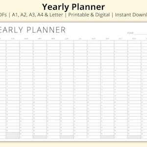 Yearly Planner, Year at a Glance, Blank Perpetual Calendar, 12 Month Overview, Important Dates Sheet, Printable/Digital, A1/A2/A3/A4/Letter