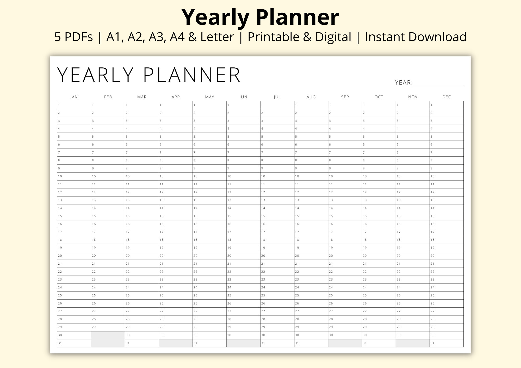 Yearly Planner, Year at a Glance, Blank Perpetual Calendar, 12 Month Overview, Important Dates ...