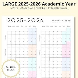 LARGE 2025-2026 academische planner, academische kalender voor school, 12 maanden kalender, klasplanner, jaaroverzicht, wandkalender, a1/a2/a3