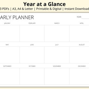 Resumen del año, Resumen anual, Planificador anual, Planificador anual en blanco, Resumen de 12 meses, Agenda anual, Imprimible/Digital, A3/A4/Carta