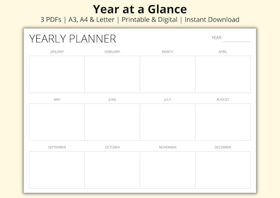 Year at a Glance, Yearly Overview, Yearly Planner, Blank Annual Planner, 12  Month Overview, Yearly Agenda, Printable/digital, A3/a4/letter - Etsy