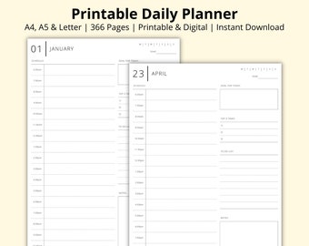 Printable Daily Planner, 365 Daily Journal Pages, Dated Daily Planner, Hourly Schedule, Time Blocking Template, Diary Inserts, A4/A5/Letter