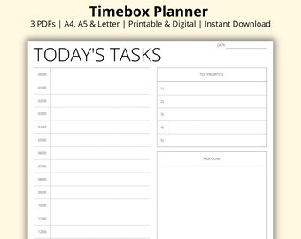 Könnte beinhalten: Ein druckbarer Timebox-Planer mit dem Titel "TODAY'S TASKS". Der Planer enthält Abschnitte für Zeitfenster, oberste Prioritäten und einen Aufgaben-Dump. Erhältlich in A4, A5 und Letter-Größen.