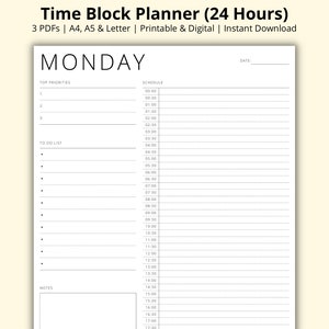 Puede incluir: Un planificador de bloques de tiempo imprimible para el lunes, con secciones para las principales prioridades, la lista de tareas pendientes y un horario de 20:00 a 19:30. El planificador está diseñado para 24 horas.