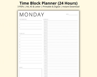 Time Block Planner Template, Daily Planner, 7 Day Planner, 24 Hour Schedule, Half Hour Interval, Task List, Printable/Digital, A4/A5/Letter