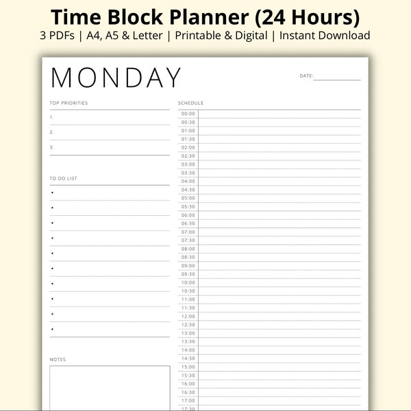 Time Block Planner Template, Daily Planner, 7 Day Planner, 24 Hour Schedule, Half Hour Interval, Task List, Printable/Digital, A4/A5/Letter