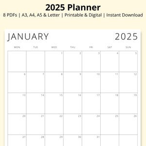 Planificador 2025, agenda mensual, calendario anual con fecha, resumen del mes, planificador de productividad de 12 meses, imprimible/digital, A3/A4/A5/carta