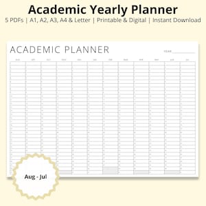 May include: A white academic yearly planner with a grid layout, featuring months across the top and dates down the side. The planner includes the text "Academic Planner" and "Aug - Jul".