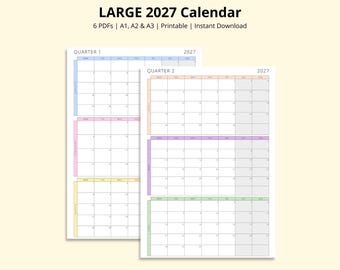 LARGE 2027 Calendar, 3 Months Per Page, 2027 Quarterly Planner, 12 Month Calendar Pages, Month at a Glance, Printable PDF, A1/A2/A3
