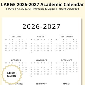 LARGE 2026-2027 Academic Calendar, School Calendar PDF, 2026-2027 Year at a Glance, Academic Planner, Jul 26-Jun 27 Wall Calendar, A1/A2/A3