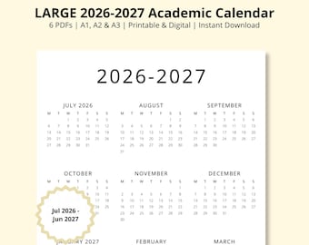 LARGE 2026-2027 Academic Calendar, School Calendar PDF, 2026-2027 Year at a Glance, Academic Planner, Jul 26-Jun 27 Wall Calendar, A1/A2/A3