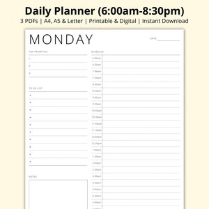 Daily Planner, 7 Day Time Block Template, Half Hourly Planner, 30 Minute Schedule, Mon-Sun, Time Management, Printable/Digital, A4/A5/Letter